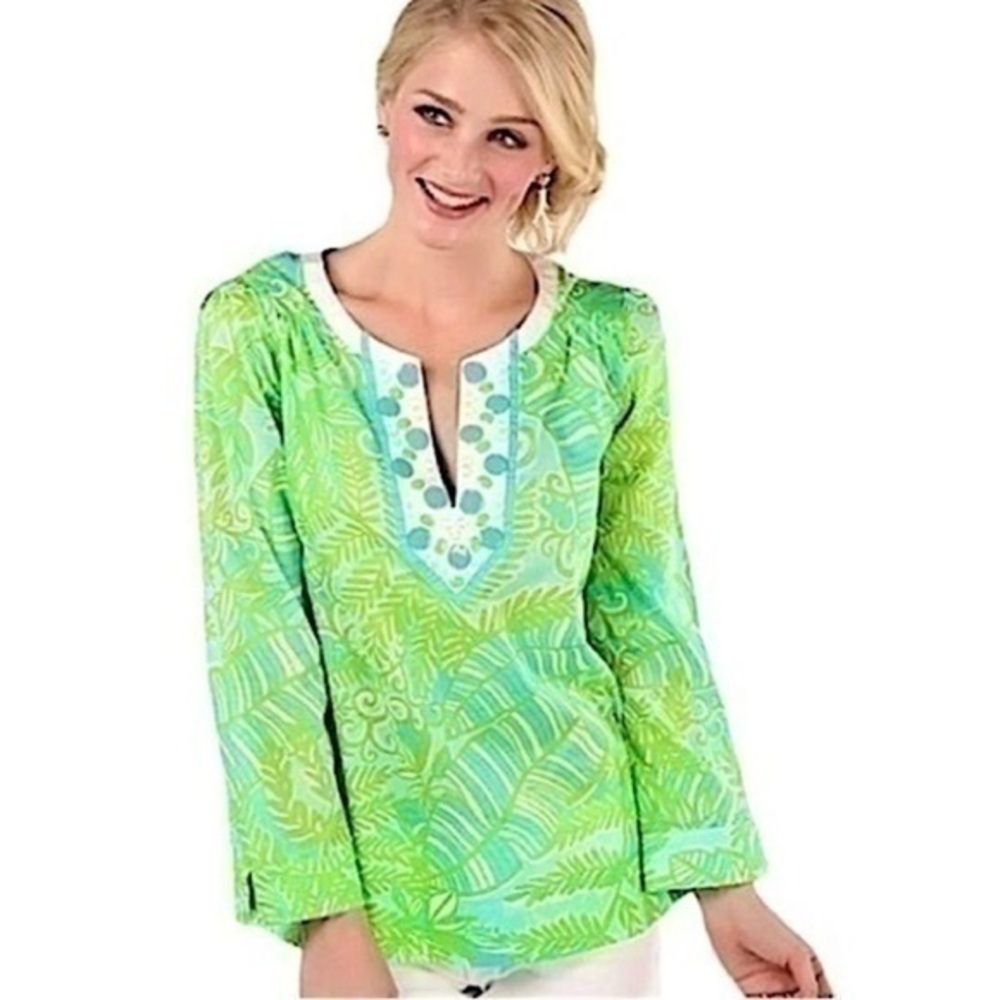 Lilly Pulitzer Thandie Green Palm Leaf Embellished Tunic Top